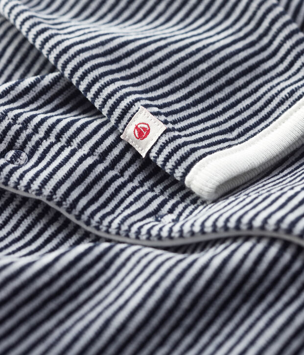 Baby-Strampler aus Bio-Baumwoll-Velours mit gestreiftem Kragen blau/weiss